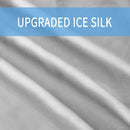 Comforters, bed sheets, mats, Text 'UPGRADED ICE SILK' on a fabric background