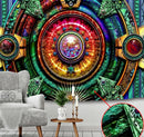 Colorful decorative wall mural with intricate designs in a living room setting.