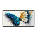 Abstract painting of a butterfly with blue and yellow wings on a white background