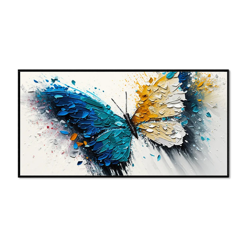 Abstract painting of a butterfly with blue and yellow wings on a white background