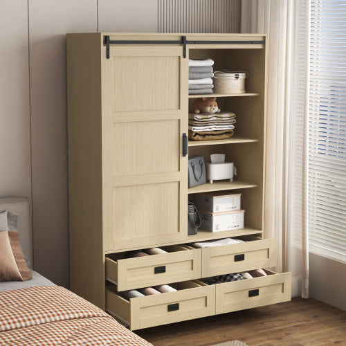 Beige wardrobe with sliding doors and multiple shelves and drawers in a bedroom setting.