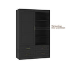 Black wardrobe with multiple shelves and drawers on a white background