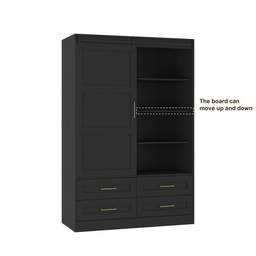 Black wardrobe with multiple shelves and drawers on a white background