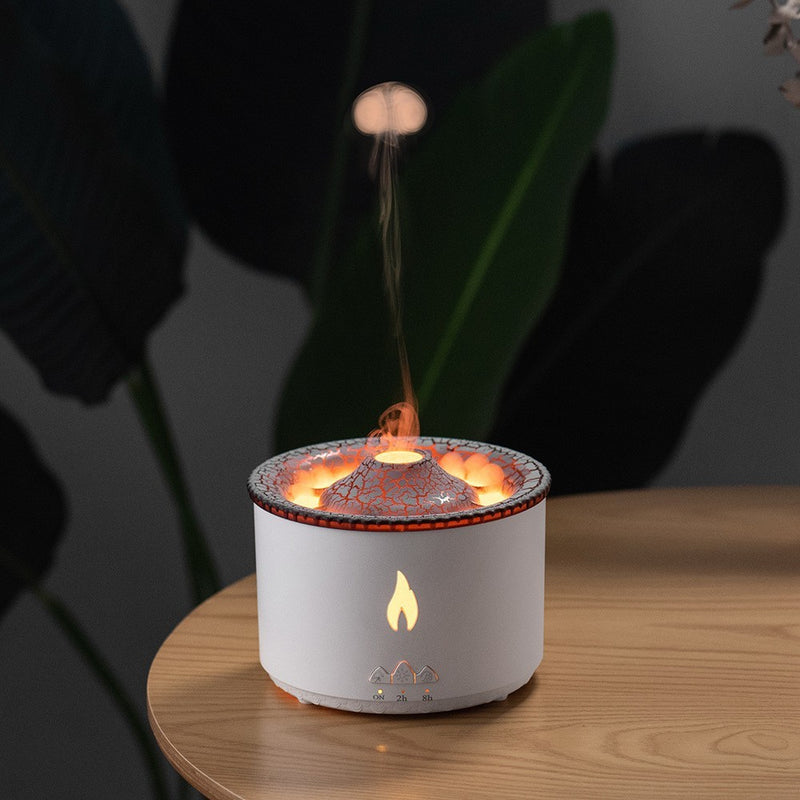 White decorative lantern with flame effect on a wooden surface