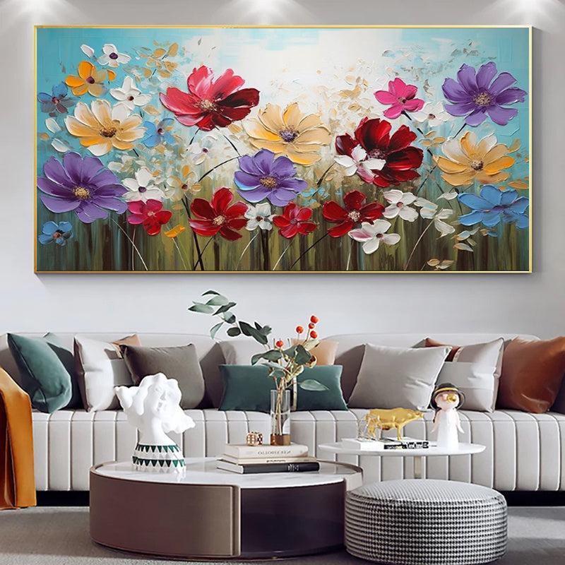 Handmade Floral Oil Painting on Canvas – Modern Horizontal Wall Art, 100% Hand-Painted