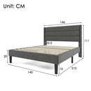 Gray upholstered bed frame with dimensions labeled in centimeters on a white background
