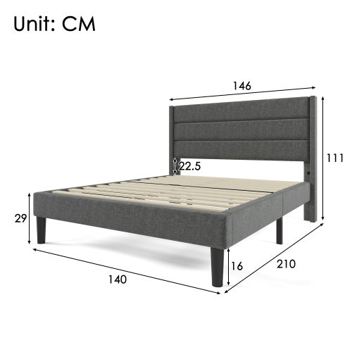 Gray upholstered bed frame with dimensions labeled in centimeters on a white background