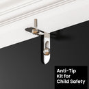 Anti-tip kit for child safety installation on a black cabinet door.