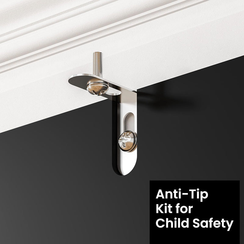 Anti-tip kit for child safety installation on a black cabinet door.