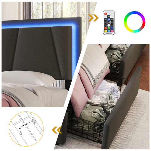 Bed with LED headboard, remote control, and color wheel illustration.
