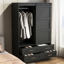 Black wardrobe with clothes and shoes in a bedroom setting