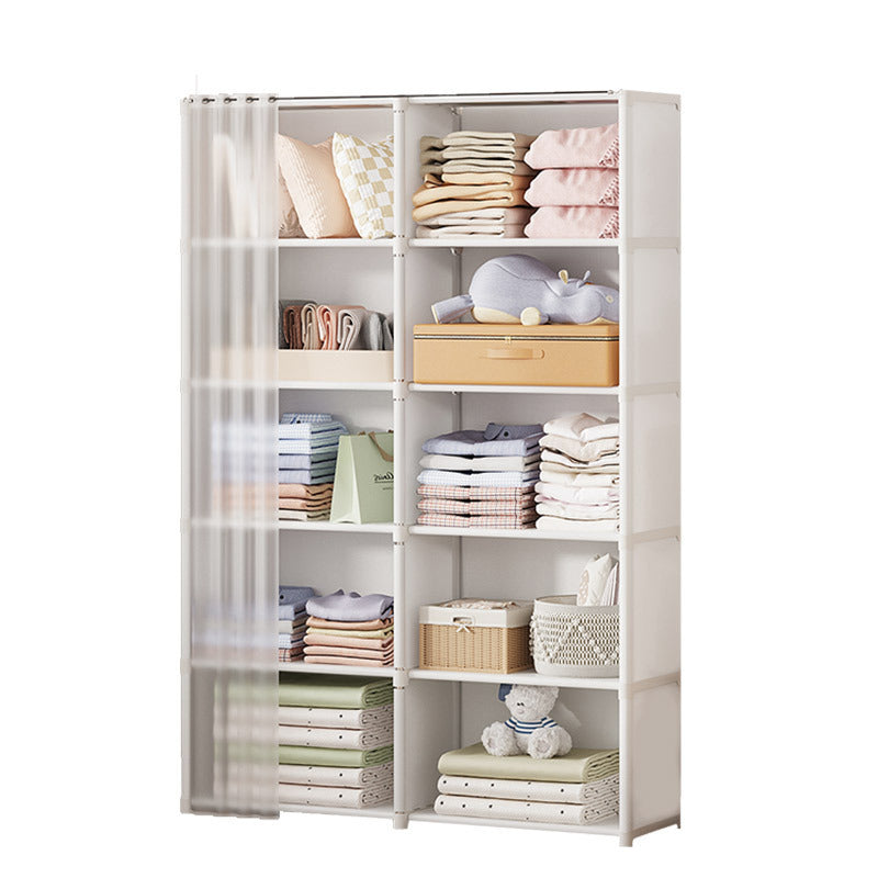 White storage cabinet with shelves filled with folded clothes and baby items on a white background