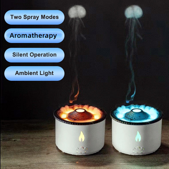 Two diffusers with flames and smoke on a dark background, featuring text about spray modes.